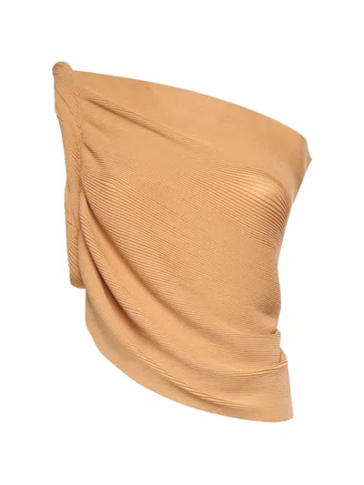 Alberta Ferretti Asymmetrical One-shoulder Ribbed Top With Draped Detail In Brown