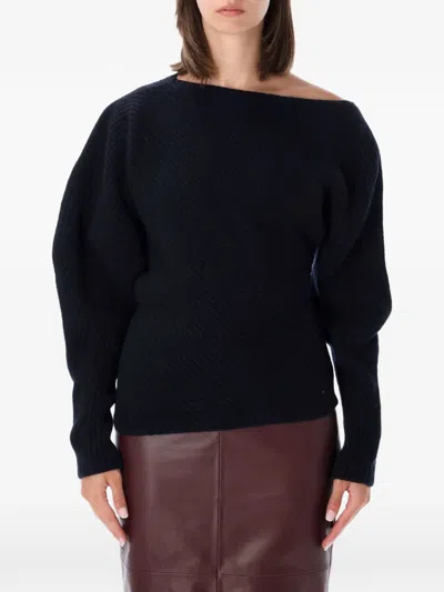 Alberta Ferretti Asymmetrical Ribbed Wool-cashmere Balloon-sleeve Sweater In Black