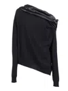 Alberta Ferretti Asymmetrical Top With Draped Satin Neckline And Virgin Wool Body In Black