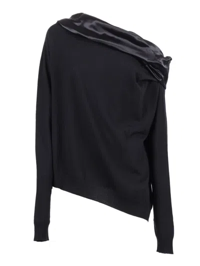 ALBERTA FERRETTI ASYMMETRICAL TOP WITH DRAPED SATIN NECKLINE AND VIRGIN WOOL BODY