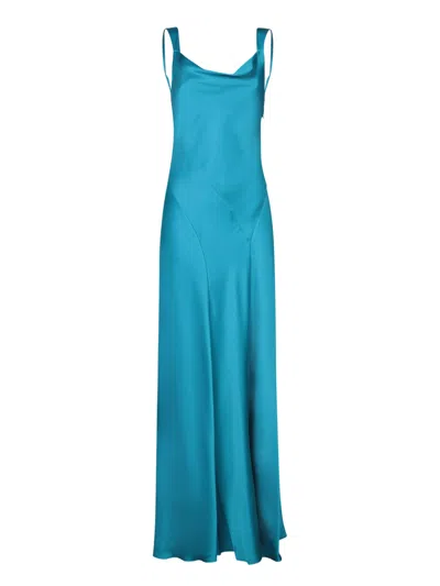Alberta Ferretti Azure Satin Long Dress In Blue