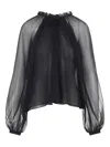 Alberta Ferretti Long Sleeve Sheer Blouse With Ruffles And Flowers In Black
