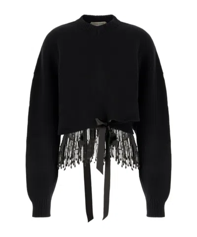 Alberta Ferretti Bead-fringed Knitted Cropped Top In Black
