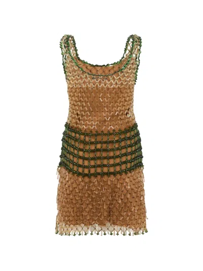 Alberta Ferretti Bead-embellished Fringed Mini Dress In Brown