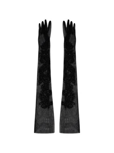 Alberta Ferretti Bead-embellished Semi-sheer Gloves In Black