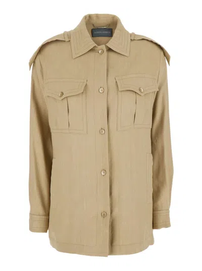 ALBERTA FERRETTI BEIGE JACKET WITH CLASSIC COLLAR AND EPAULETTES IN LINEN BLEND STRETCH WOMAN