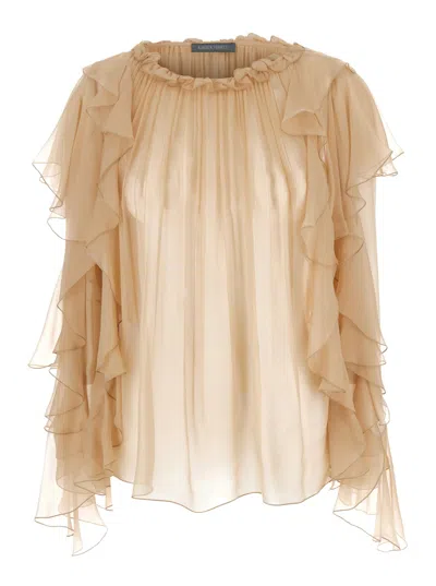 Alberta Ferretti Beige Shirt With Ruffle Detail In Silk Chiffon Woman In Brown