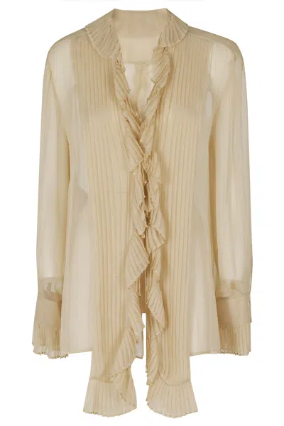 Alberta Ferretti Beige Silk Chiffon Pleated Ruffled V-neck Silk Blouse In Neutral