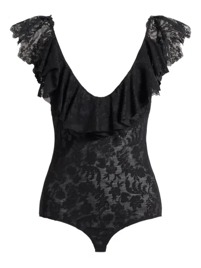 Alberta Ferretti Black Body Fitted Lace Wool Bodysuit