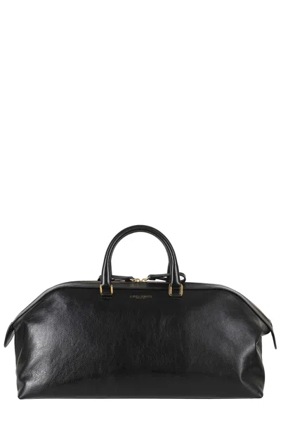 Alberta Ferretti Black Double Zip Embossed Logo Leather Tote Bag