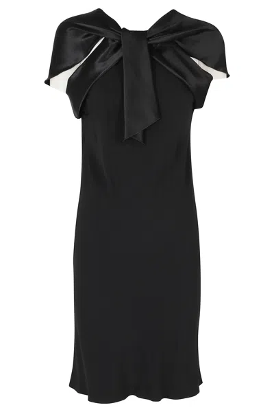 Alberta Ferretti Black Enver Satin V-neck Bow Detail Viscose Mini Dress