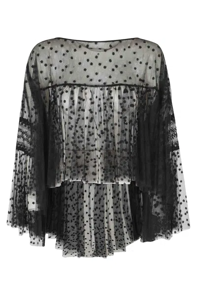 Alberta Ferretti Black Sheer Embroidered Floral Volant Sleeves Polyester Blouse In Grey
