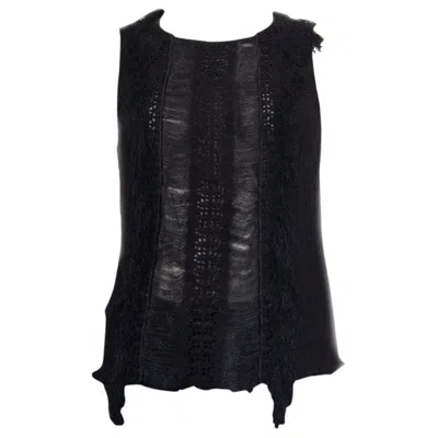 Pre-owned Alberta Ferretti Black Silk Sheer Fringed Sleeveless Shirt 42 M