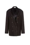 Alberta Ferretti Longline Structured Satin Button Suit In Brown