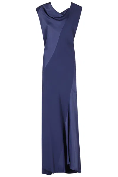 Alberta Ferretti Blue Asymmetric Cowl Neck Viscose Satin Maxi Dress In Green