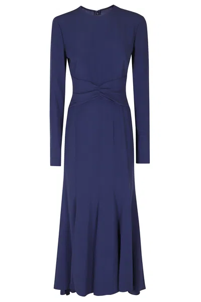 Alberta Ferretti Blue Enver Satin Draped Waistband Long Sleeve Viscose Dress