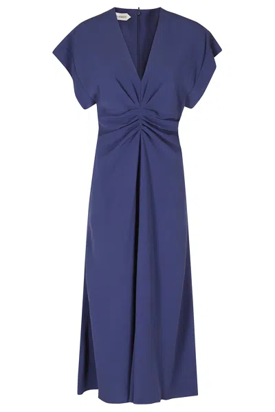 Alberta Ferretti Blue Enver Satin V-neck Draped Viscose Dress