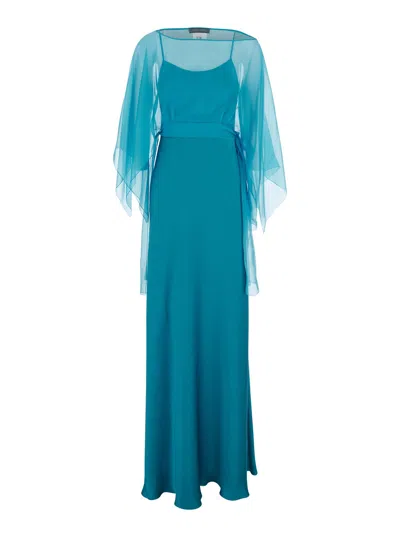 ALBERTA FERRETTI BLUE LONG DRESS WITH LAYERED DESIGN AND UPPER CAPE IN SILK BLEND WOMAN
