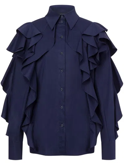 ALBERTA FERRETTI BLUE RUFFLE-DETAILING SHIRT