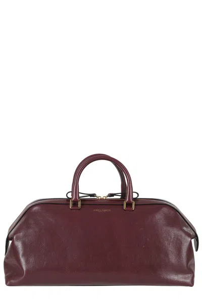 Alberta Ferretti Bordeaux Double Zip Embossed Logo Leather Tote Bag In Grey
