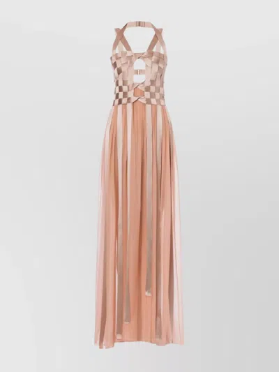 Alberta Ferretti Bow Back Tulle V-neck Dress In Pink