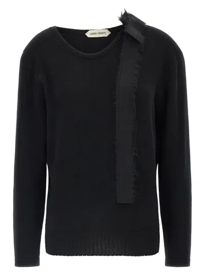 Alberta Ferretti Bow-detail Frayed-hem Sweater In Black
