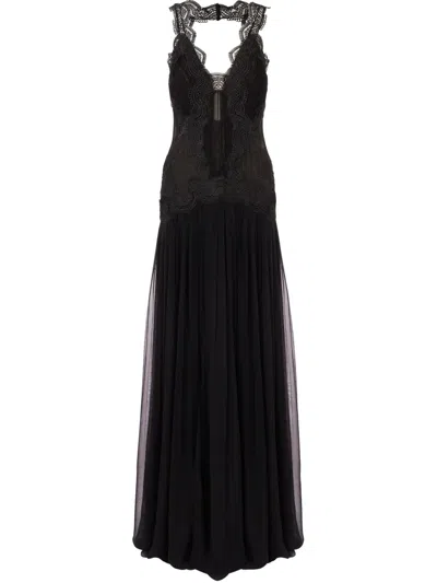 Alberta Ferretti Lace Drop-waist Organic Chiffon Backless Gown In Black