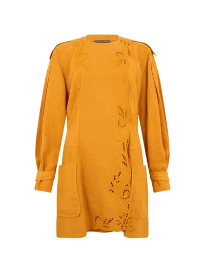 Alberta Ferretti Broderie-anglaise Long-sleeve Mini Dress In Yellow