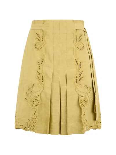 Alberta Ferretti Broderie-anglaise Pleated Midi Skirt In Yellow