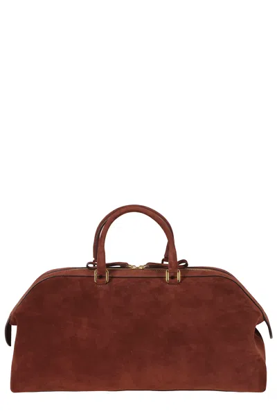 Alberta Ferretti Brown Double Zip Removable Strap Suede Tote Bag In Red