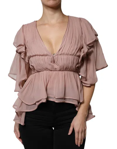 Pre-owned Alberta Ferretti Brown Silk Short Sleeves V-neck Pleated Women's Top ()