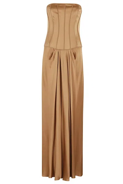 Alberta Ferretti Bustier Satin Dress With Pleated Skirt In Brown