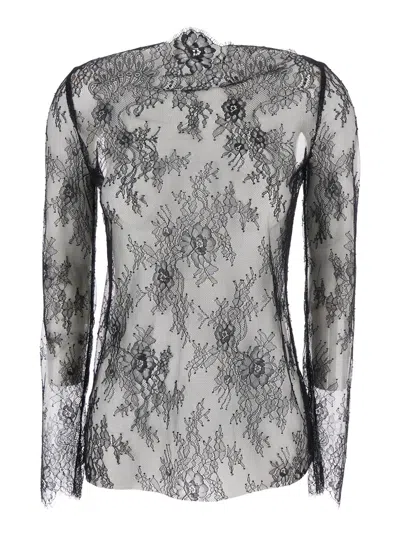 ALBERTA FERRETTI BLACK BLOUSE WITH FLORAL EMBELLISHMENT IN LACE WOMAN
