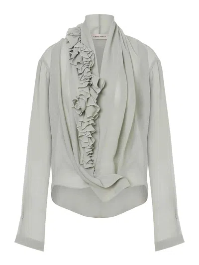 Alberta Ferretti Light Gray Ruffle Blouse With Deep V-neckline In White
