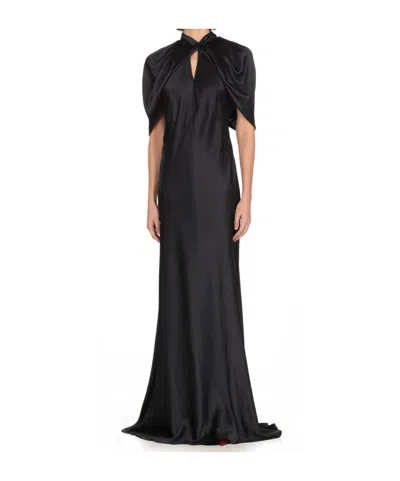 Alberta Ferretti Satin Long Dress Draped Sleeves