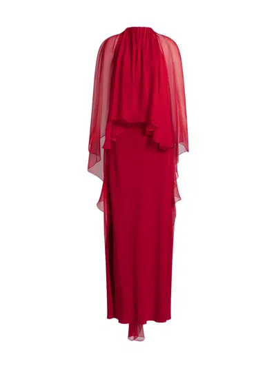 Alberta Ferretti Enver Satin Gown With Draped Chiffon Cape In Burgundy
