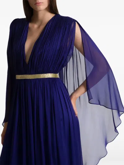 Alberta Ferretti Cape-sleeve Pleated Gown Dress In Blue