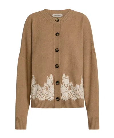 Alberta Ferretti Cashmere Cardigan With Contrasting Lace Hem In Light Brown