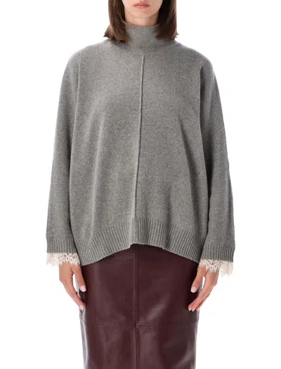 Alberta Ferretti Cashmere Turtleneck Sweater With Lace-trim Cuffs In Grigio