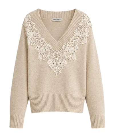 Alberta Ferretti Cashmere V-neck Sweater With Lace Insert In Gold
