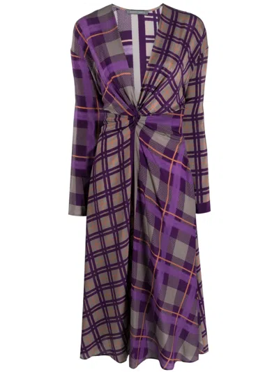 Alberta Ferretti Check-pattern Silk Midi Dress In Purple