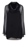 Alberta Ferretti Draped Neckline Hooded Chiffon Blouse Long Sleeves In Black