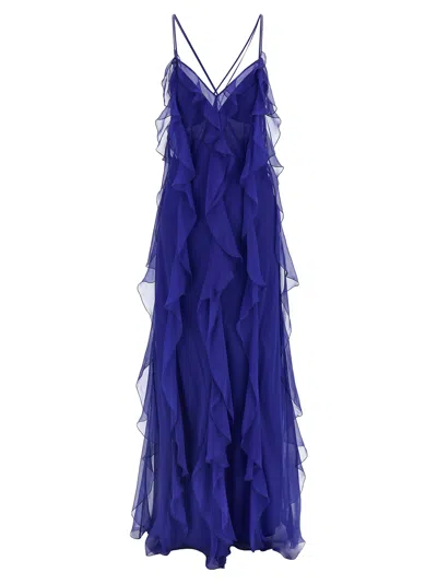 Alberta Ferretti Silk Dress Ruffle Detailing In Blue