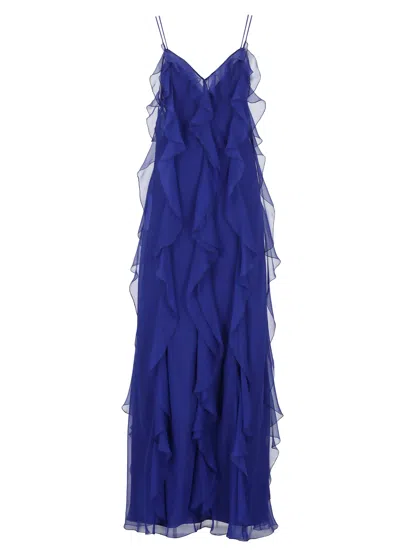 Alberta Ferretti Silk Dress Ruffle Detailing In Blue