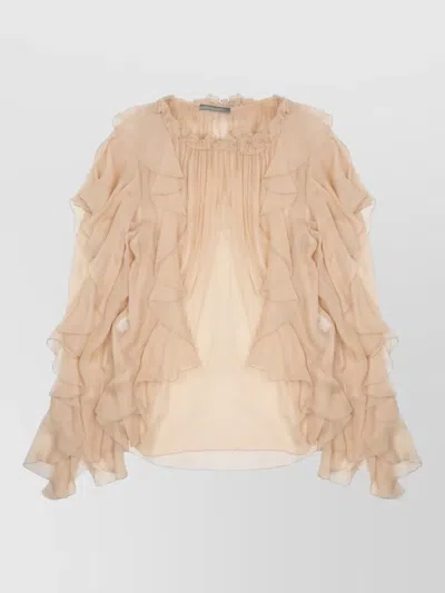 Alberta Ferretti Chiffon Shirt Ruffled Design Long Sleeves In Neutral