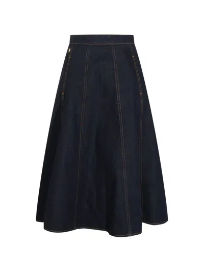 Alberta Ferretti Flared Denim Midi Skirt With Af Logo In Blue