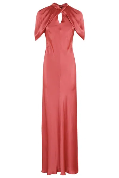 ALBERTA FERRETTI CORAL SATIN EVENING DRESS WITH CUT-OUT DETAIL