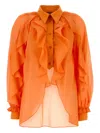 Alberta Ferretti Cotton Shirt With Cuffed And Ruffled Sleeves In Orange