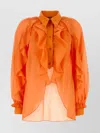 Alberta Ferretti Cotton Shirt With Cuffed And Ruffled Sleeves In Orange