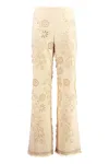 Alberta Ferretti Cotton Trousers Embroidered Frayed Hem In Neutral